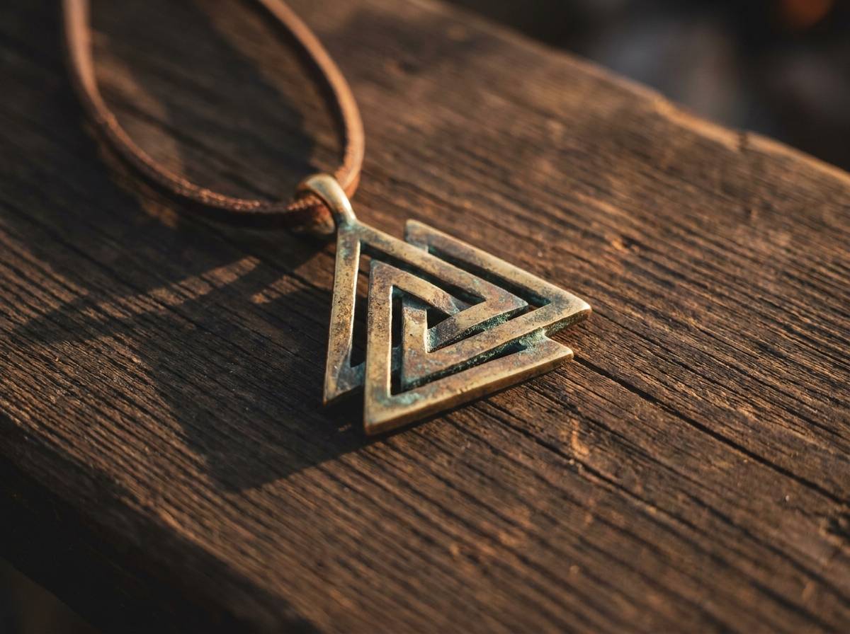 Mosiężny wisiorek w kształcie trzech zazębionych trójkątów, trójkątna forma symbolu valknut na drewnie