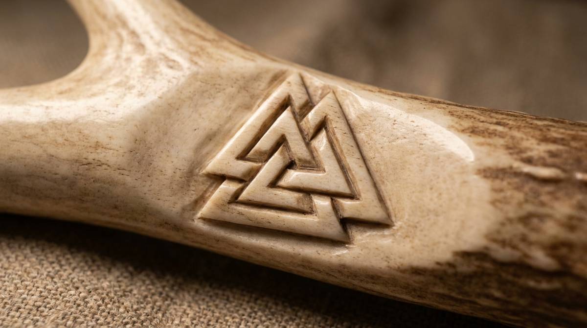 Symbol valknut wygrawerowany w gładkiej powierzchni poroża, oświetlony miękkim bocznym światłem
