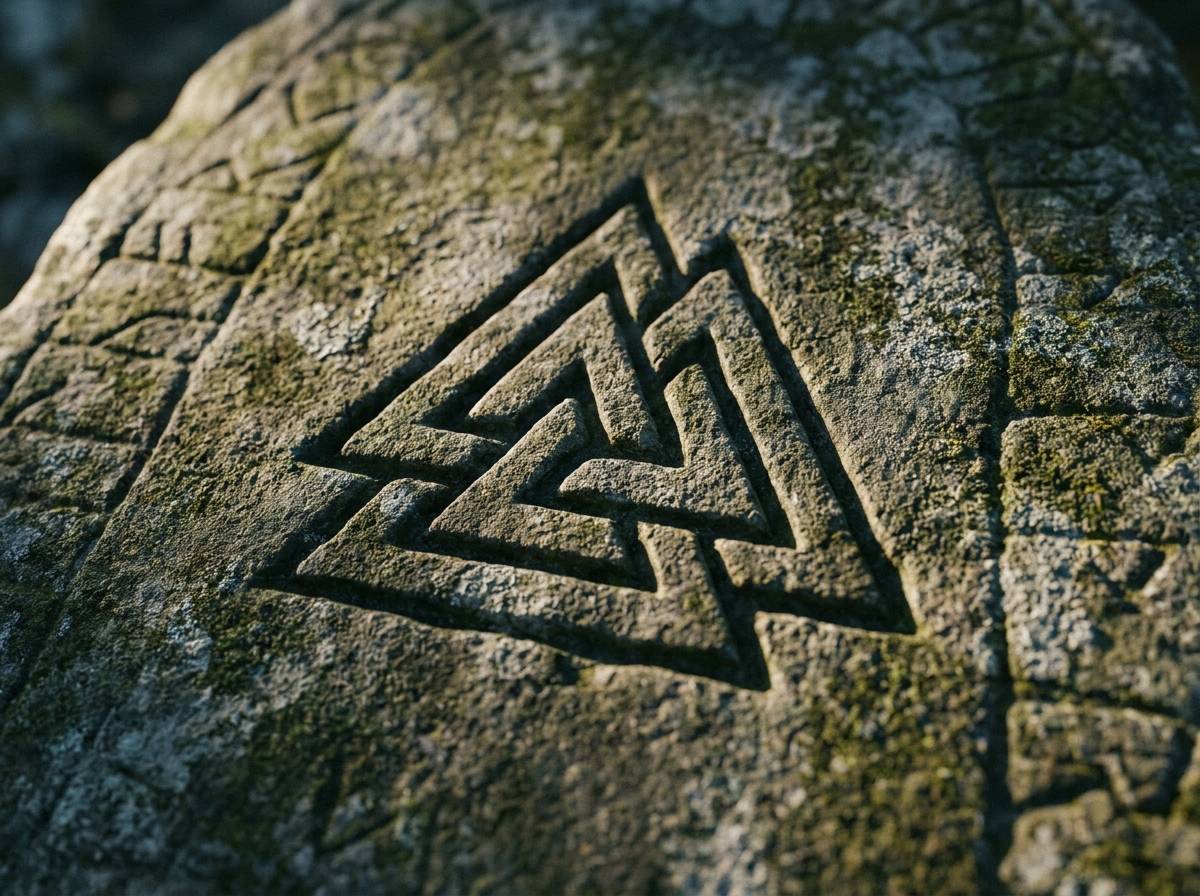 Trzy zazębione trójkąty symbolu valknut wyryte w szorstkiej, omszałej powierzchni kamiennej płyty