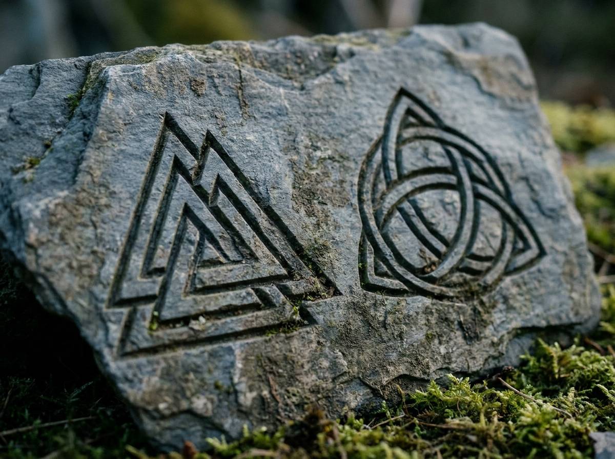 Valknut i triquetra wyryte obok siebie w kamieniu, ukazujące różnicę między trójkątami a splecionymi łukami