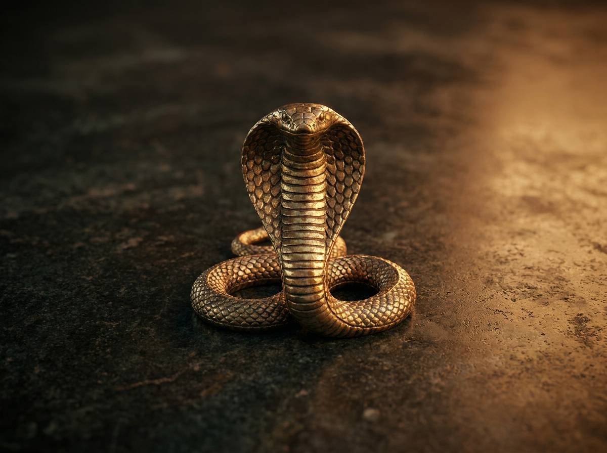 Złota kobra w pozycji ataku z rozszerzonym kapturem, symbol egipskiej ochrony władcy