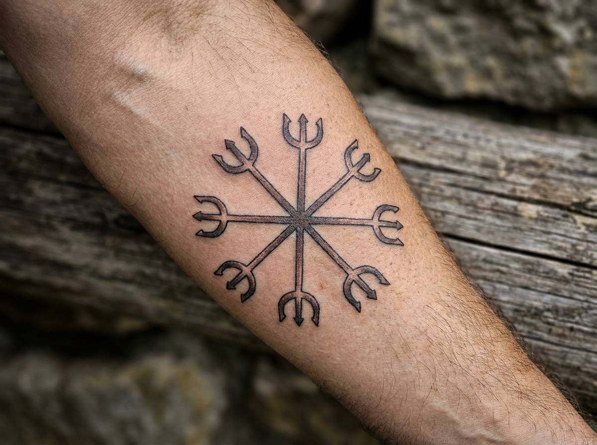 Ośmioramienny wariant Huld symbolu Aegishjalmur wytatuowany na przedramieniu, ramiona zakończone kształtem run.
