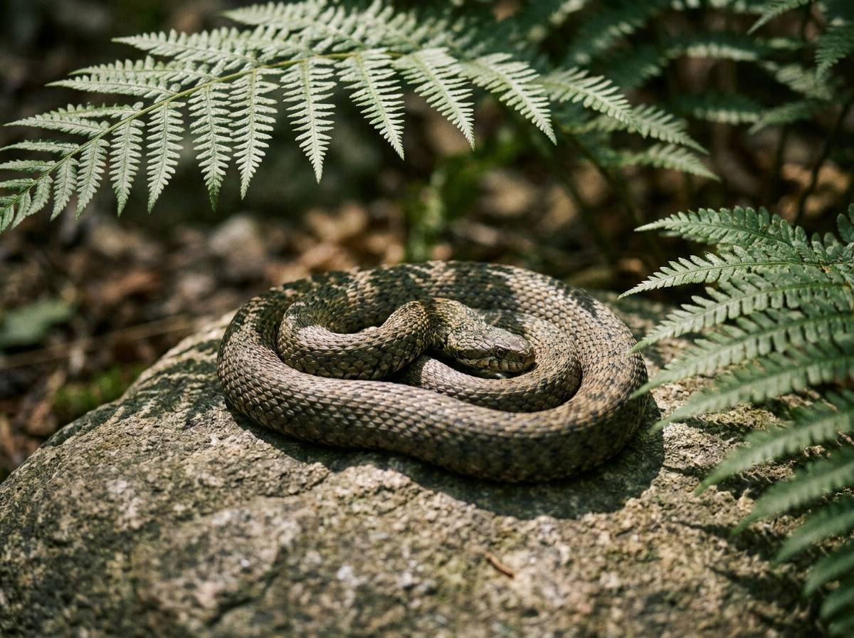 Wąż zwinięty w spiralę na kamiennym głazie w cieniu paproci, atrybut Hekate