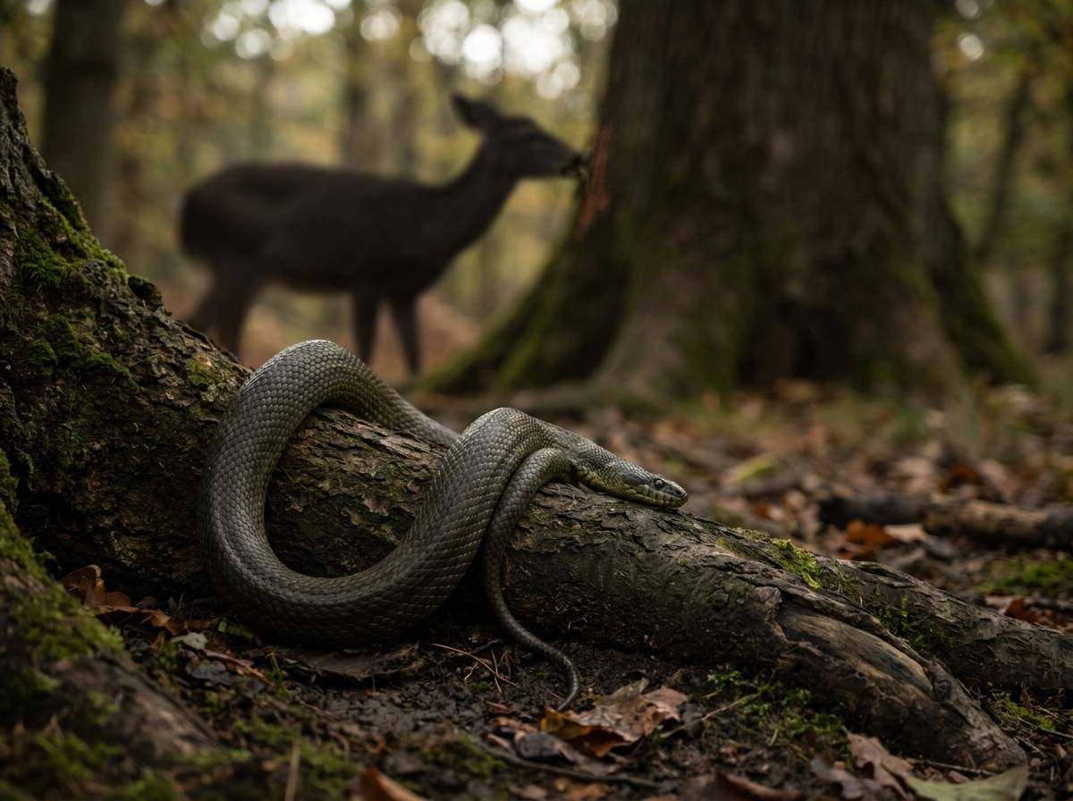 Wąż Nidhögg oplatający korzeń drzewa, w tle jeleń skubiący korę pnia Yggdrasila