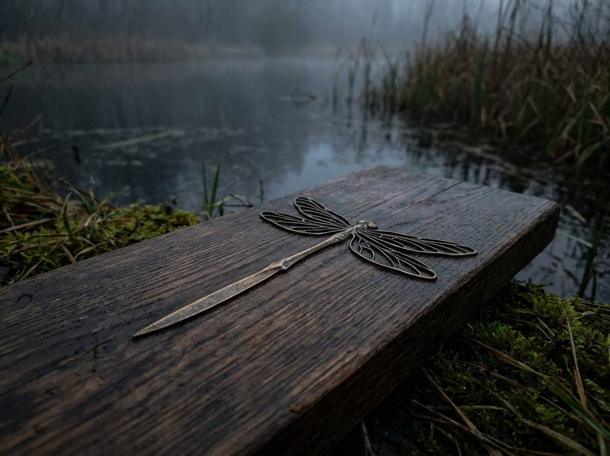 Ważka o metalicznym połysku i ostrym kształcie odwłoka nad mrocznym, spowitym mgłą stawem