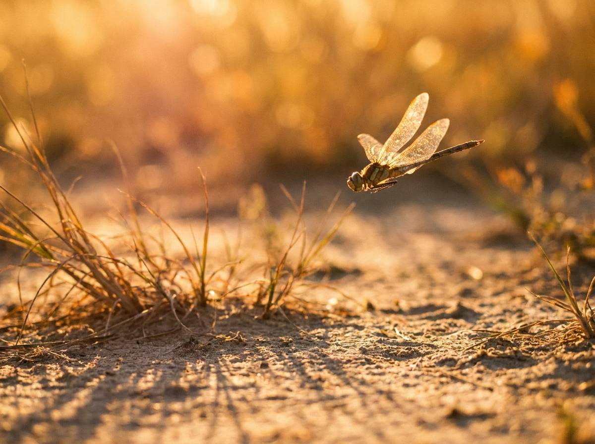 Ważka w locie nad suchą prerią o zachodzie słońca, symbol przejścia duszy w wierzeniach Nawahów