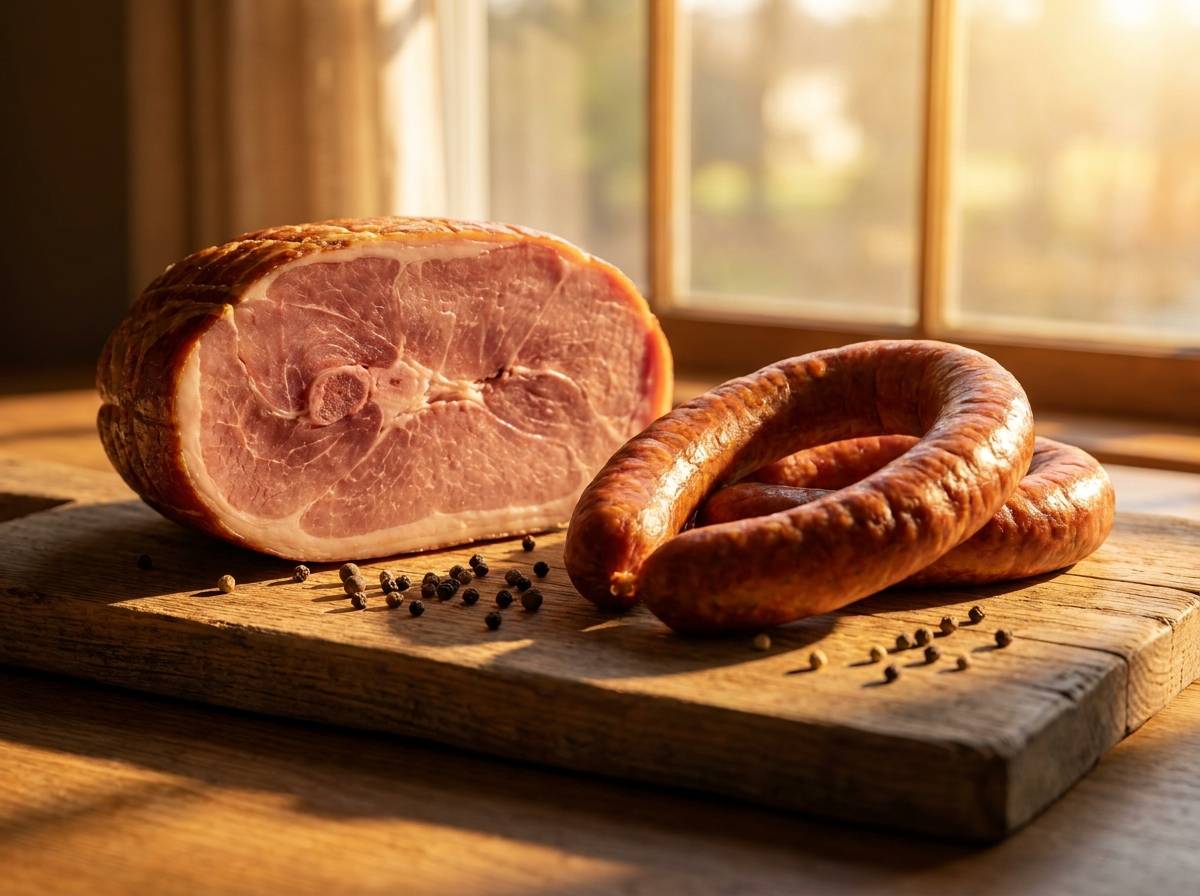 Szynka i kiełbasa wielkanocna ułożone na drewnianej desce