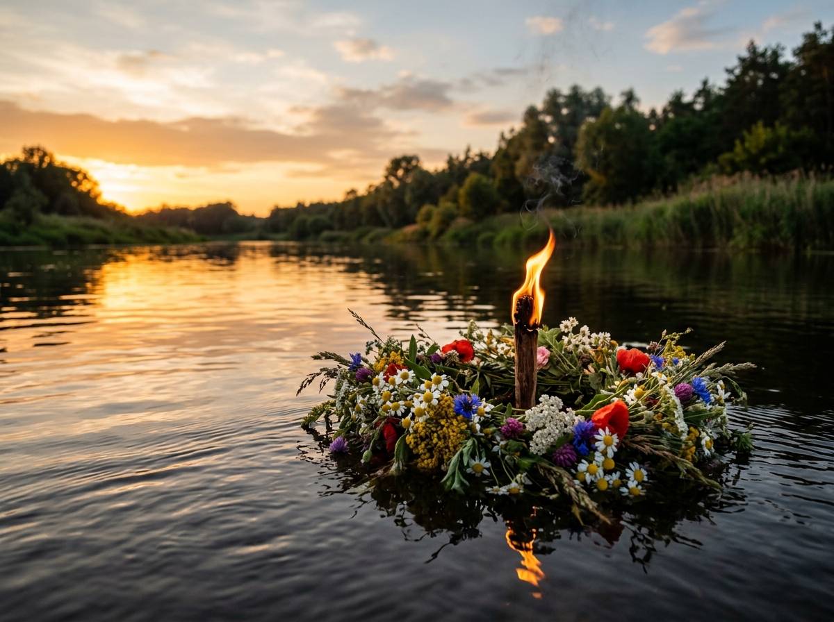 Ziołowy wianek z płonącym łuczywem płynący po powierzchni rzeki