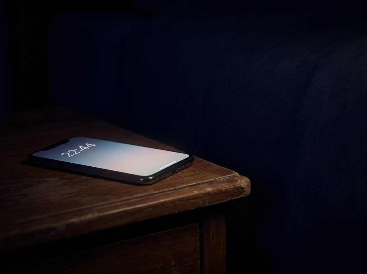 Telefon ze świecącym ekranem na stoliku nocnym w ciemnym pokoju późnym wieczorem