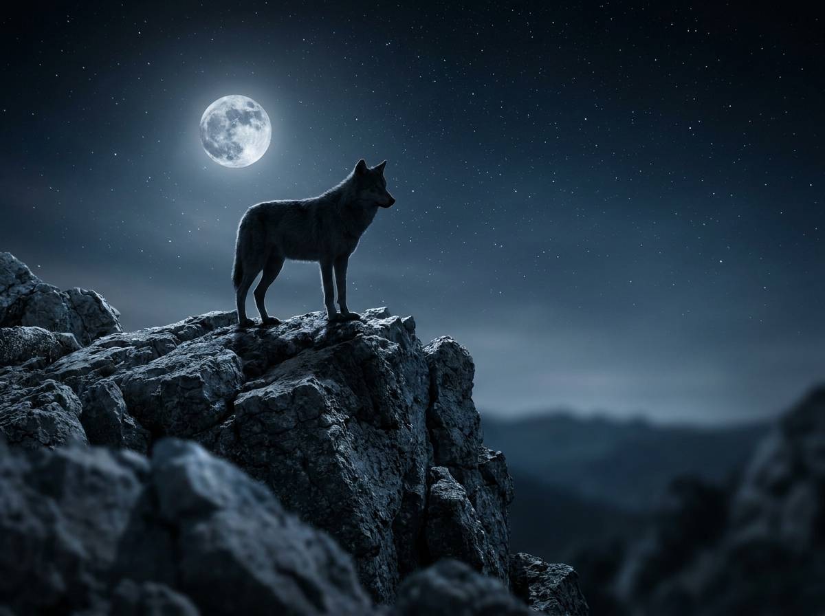 Sylwetka wilka na skalistym wzniesieniu pod księżycem w pełni, symbol nocnej mocy w tradycji celtyckiej