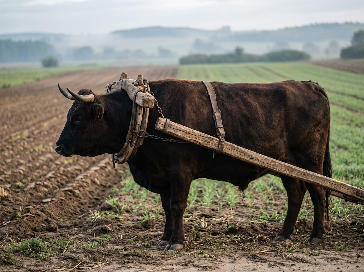 Wół w drewnianym jarzmie jako symbol pracy wymagającej wytrwałości