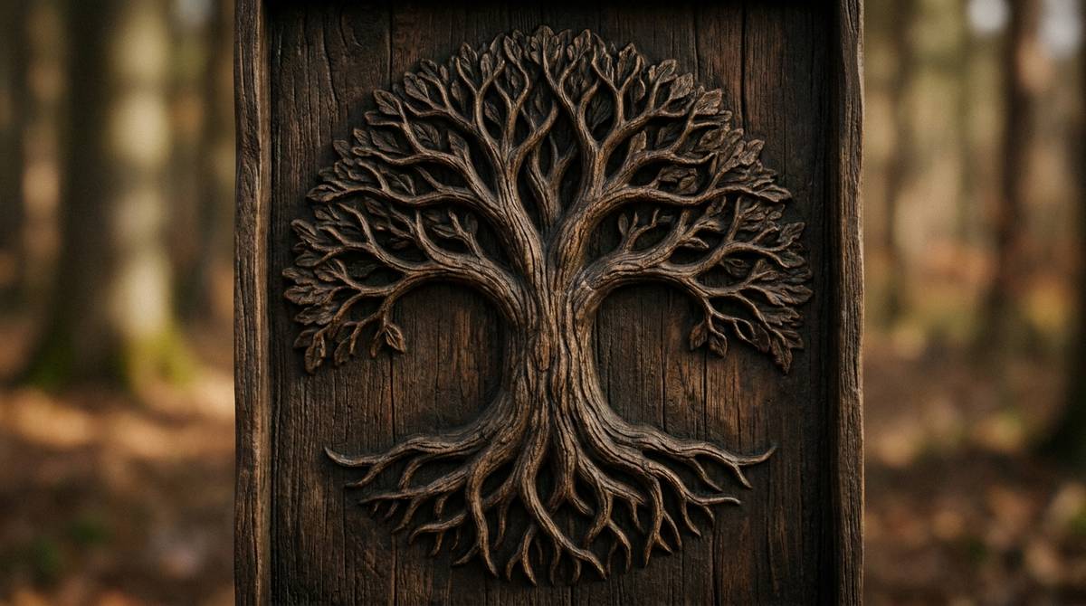 Płaskorzeźba przedstawiająca jesion Yggdrasil z rozłożystą koroną i widocznymi korzeniami u podstawy pnia