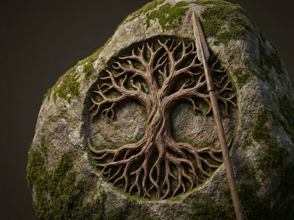 Symbol drzewa Yggdrasil wyryty w kamieniu obok oparta o głaz drewniana włócznia, w bocznym naturalnym świetle