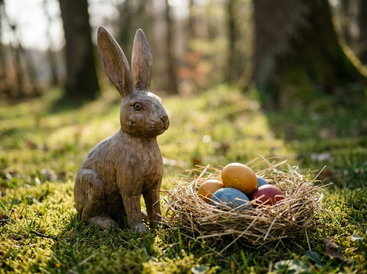 Drewniana figurka zajączka wielkanocnego siedząca przy jajach na sianie.