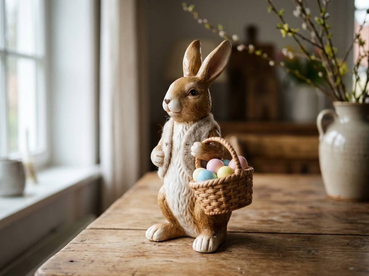 Ceramiczna figurka zajączka wielkanocnego w kamizelce, niosąca koszyczek pełen pastelowych pisanek