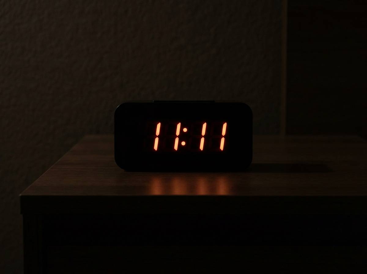 Zbliżenie na cyfrowy zegar wskazujący godzinę 11:11 w ciemnym pomieszczeniu, jedyne źródło światła w kadrze