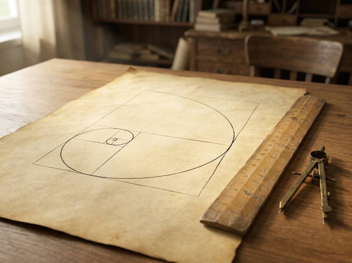 Spirala logarytmiczna narysowana na papierze obok cyrkla, ilustracja proporcji zwanej złotym podziałem
