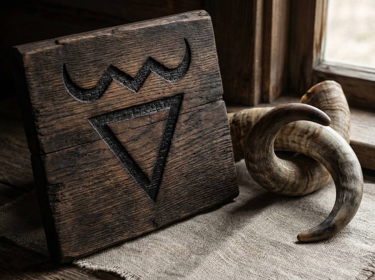 Znak Welesa w kształcie trójkąta z wygiętymi rogami wypalony w drewnie, symbol boga opiekuna bydła
