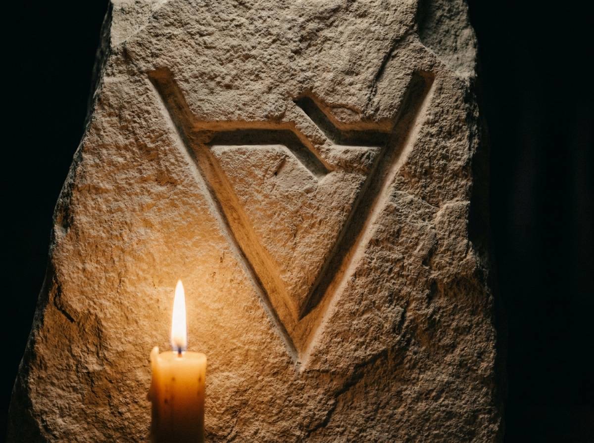 Trójkątny znak Welesa wyryty w kamieniu, oświetlony blaskiem świecy jako symbol światła i tajemnej wiedzy