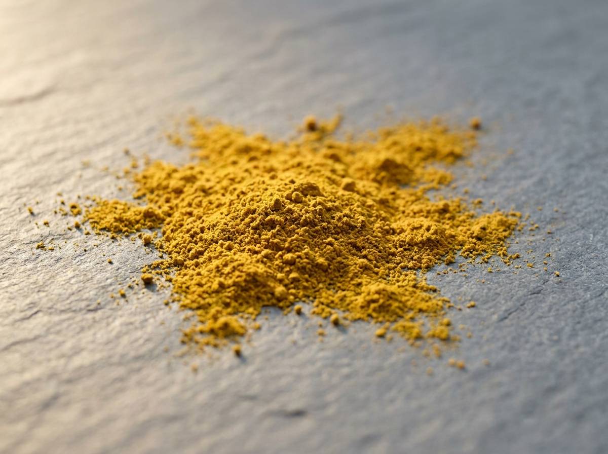 Sproszkowany żółty pigment rozsypany na kamiennej powierzchni, odnoszący się do symboliki koloru żółtego w tradycji cesarskiej.