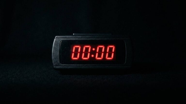 Wyświetlacz cyfrowego zegara pokazujący 00:00 w ciemnym pomieszczeniu nocą