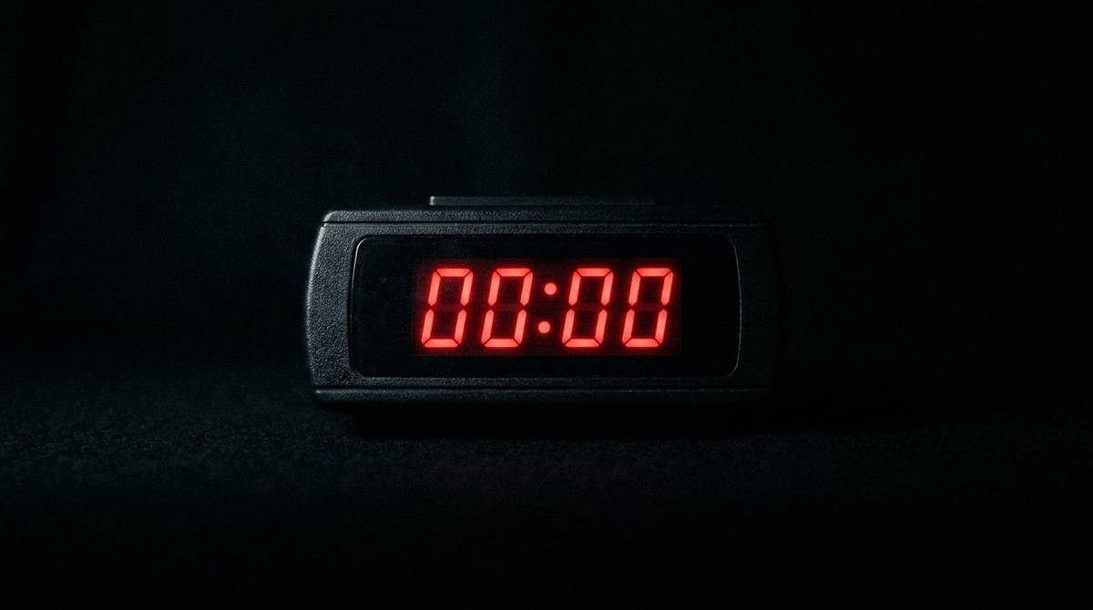Wyświetlacz cyfrowego zegara pokazujący 00:00 w ciemnym pomieszczeniu nocą