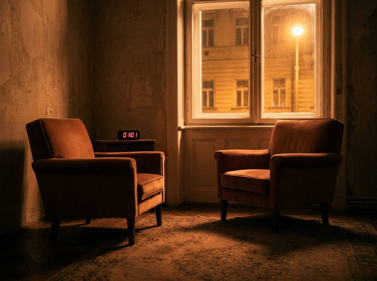 Dwa lustrzanie ustawione fotele w cichym pokoju nocą, symbolizujące początek nowego etapu w relacji.
