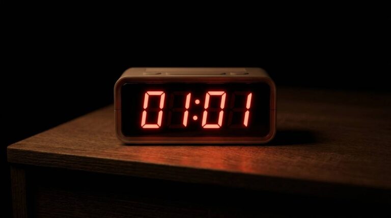 Wyświetlacz cyfrowego zegara pokazujący 01:01 w ciemnym pokoju nocą.