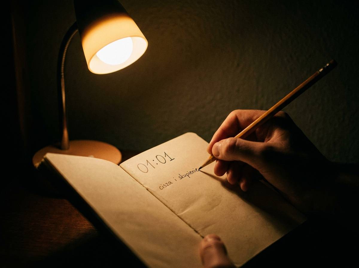 Dłoń zapisująca jedno zdanie w notesie przy nocnej lampce, symbolizująca skupienie na nowej intencji.