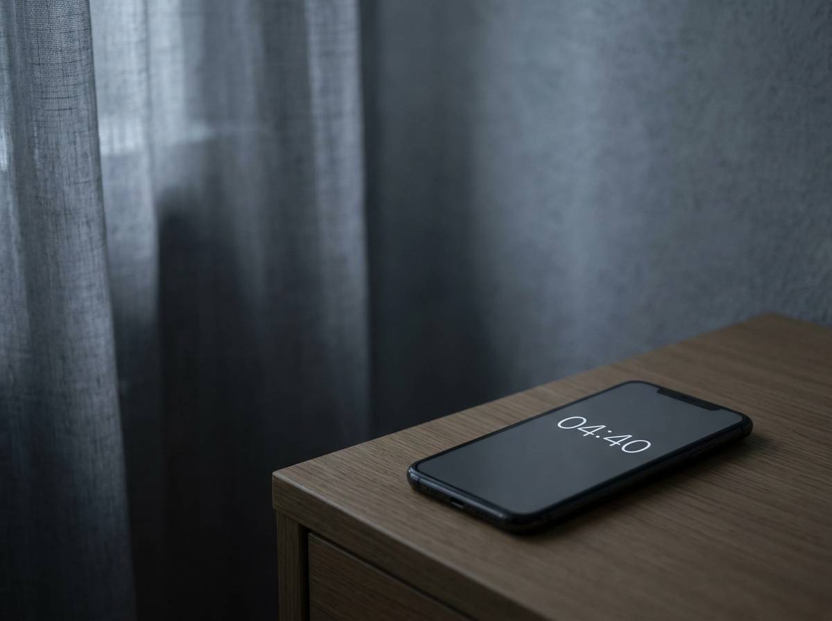 Ekran smartfona na nocnej szafce pokazujący godzinę 04:40 w szarym świetle przedświtu