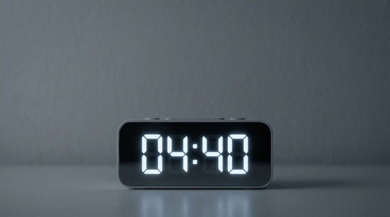 Wyświetlacz cyfrowego zegara pokazujący godzinę 04:40 w ciemnym pomieszczeniu o świcie