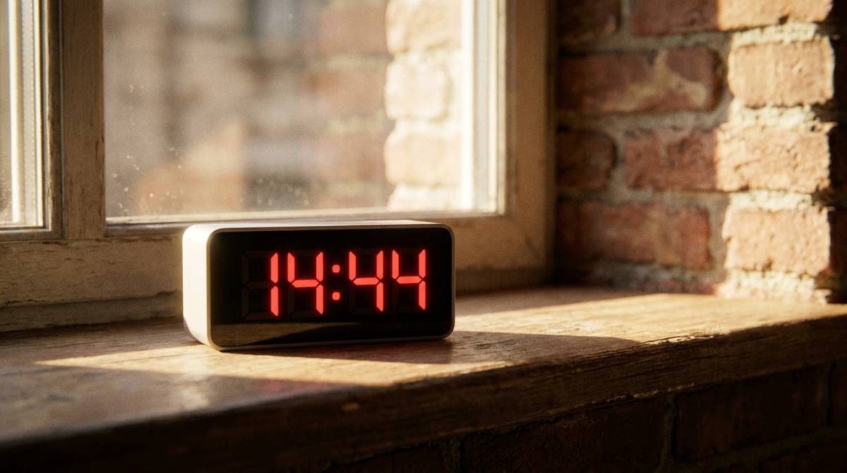 Wyświetlacz cyfrowy zegara pokazujący 14:44 w świetle popołudniowego słońca