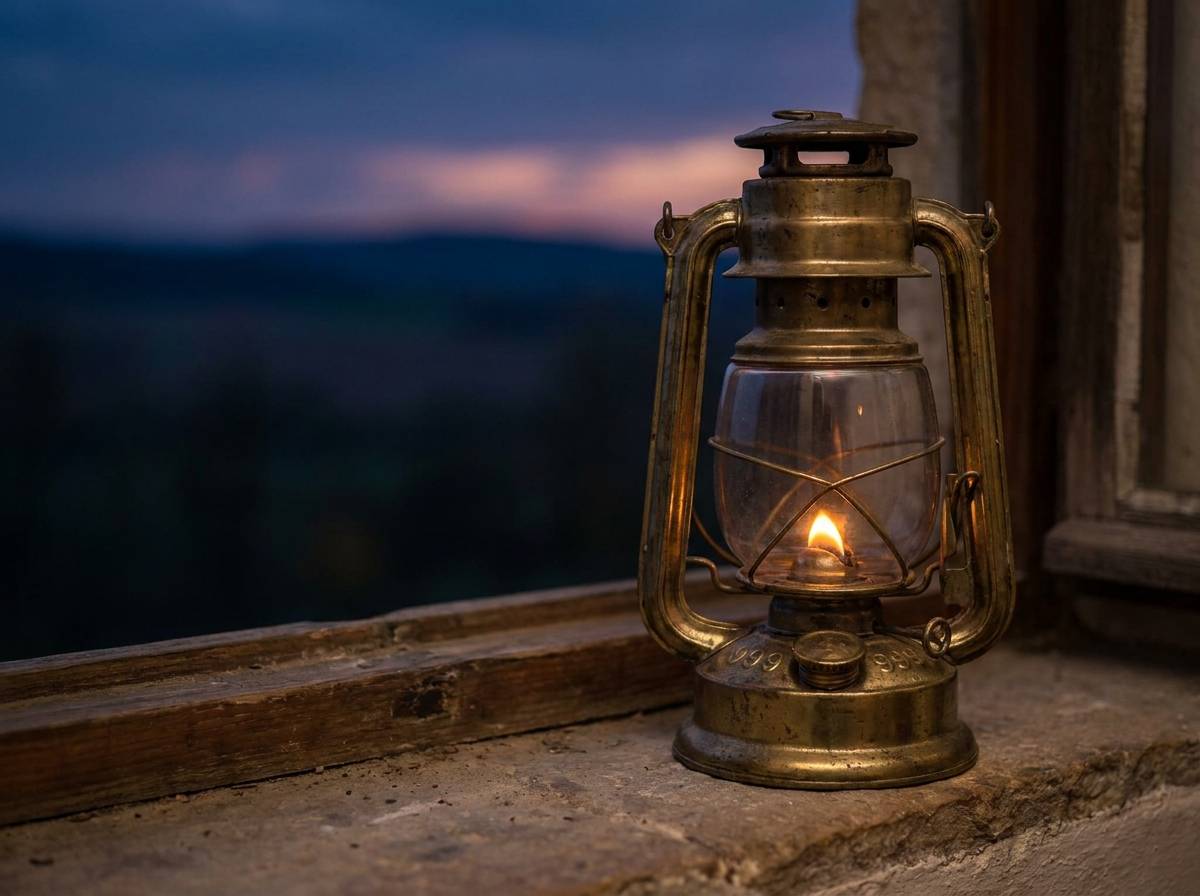 Latarnia z gasnącym płomieniem na parapecie o zmierzchu, symbolizująca zamykający się etap
