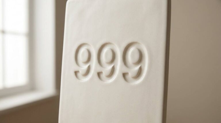 Liczba 999 wytłoczona na jednolitej ceramicznej powierzchni w miękkim świetle