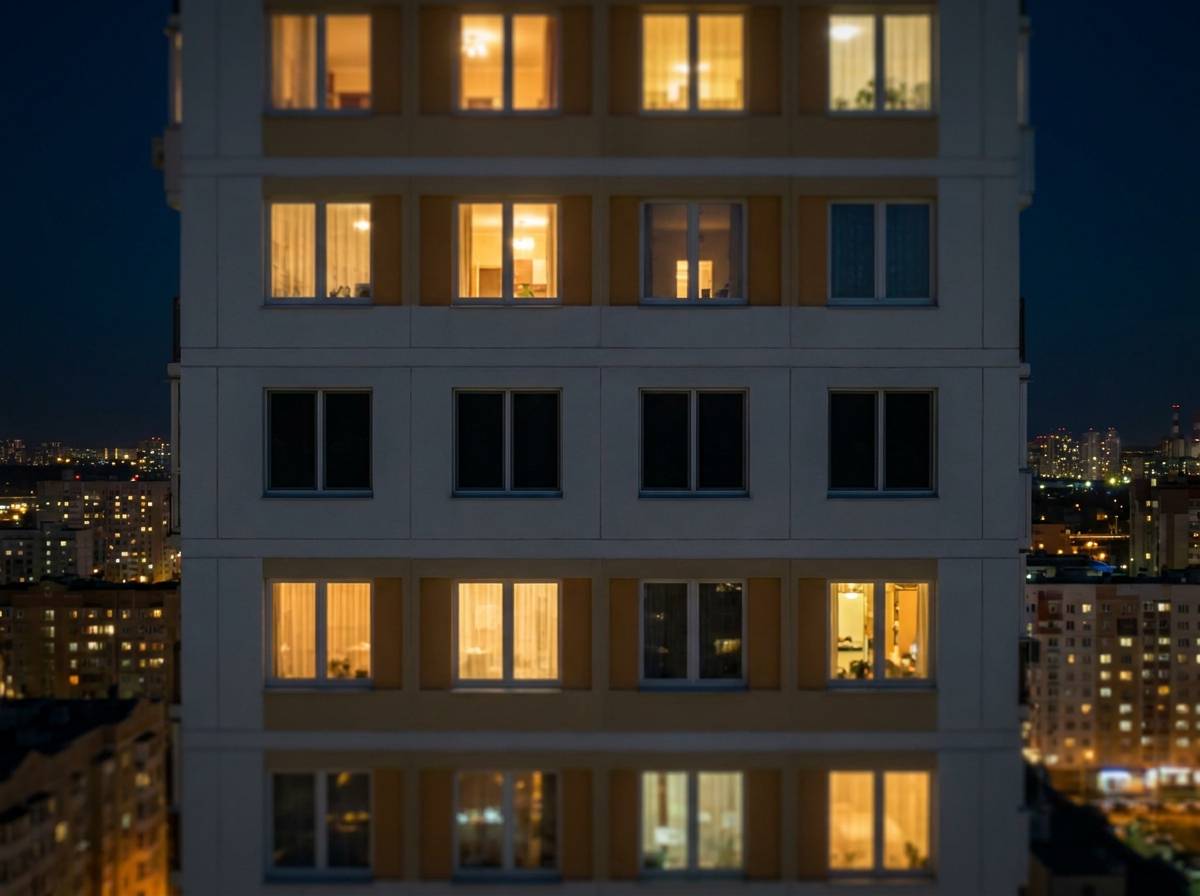 Ciemne, niezamieszkane piętro pośrodku oświetlonego nocą budynku mieszkalnego w mieście.