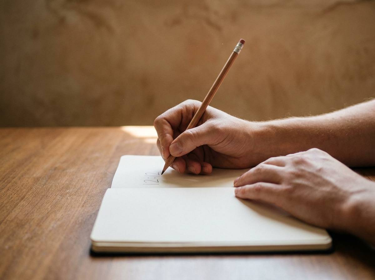 Dłonie zapisujące notatkę w notesie w miękkim świetle południa, gest chwili uważności i zatrzymania.