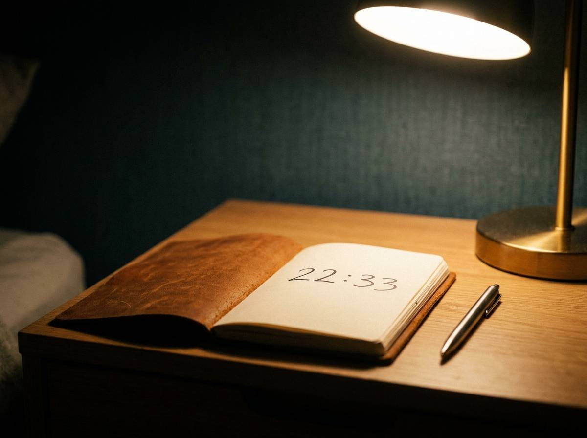 Otwarty notatnik z długopisem na nocnej szafce oświetlony lampką wieczorem