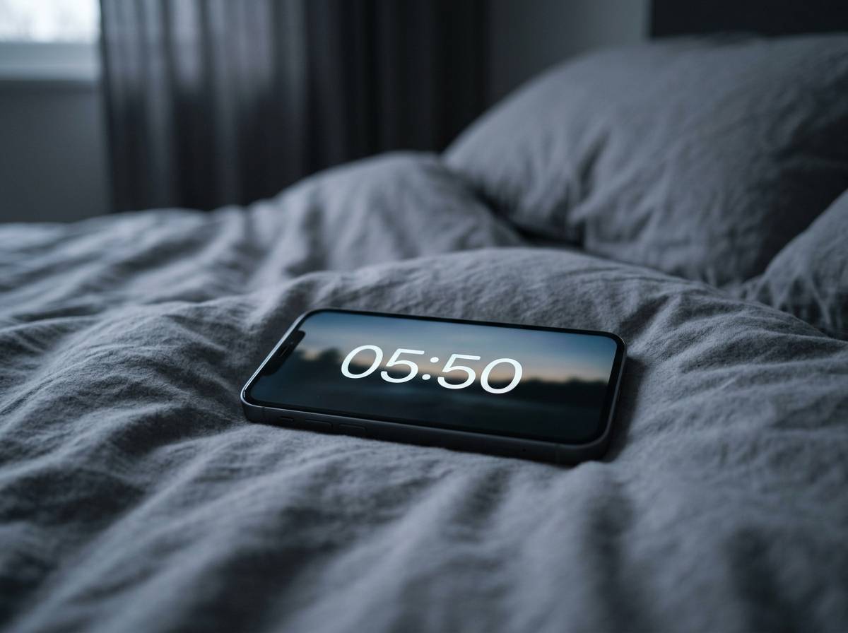 Ekran telefonu na łóżku pokazujący godzinę 05:50 w szarym świetle świtu