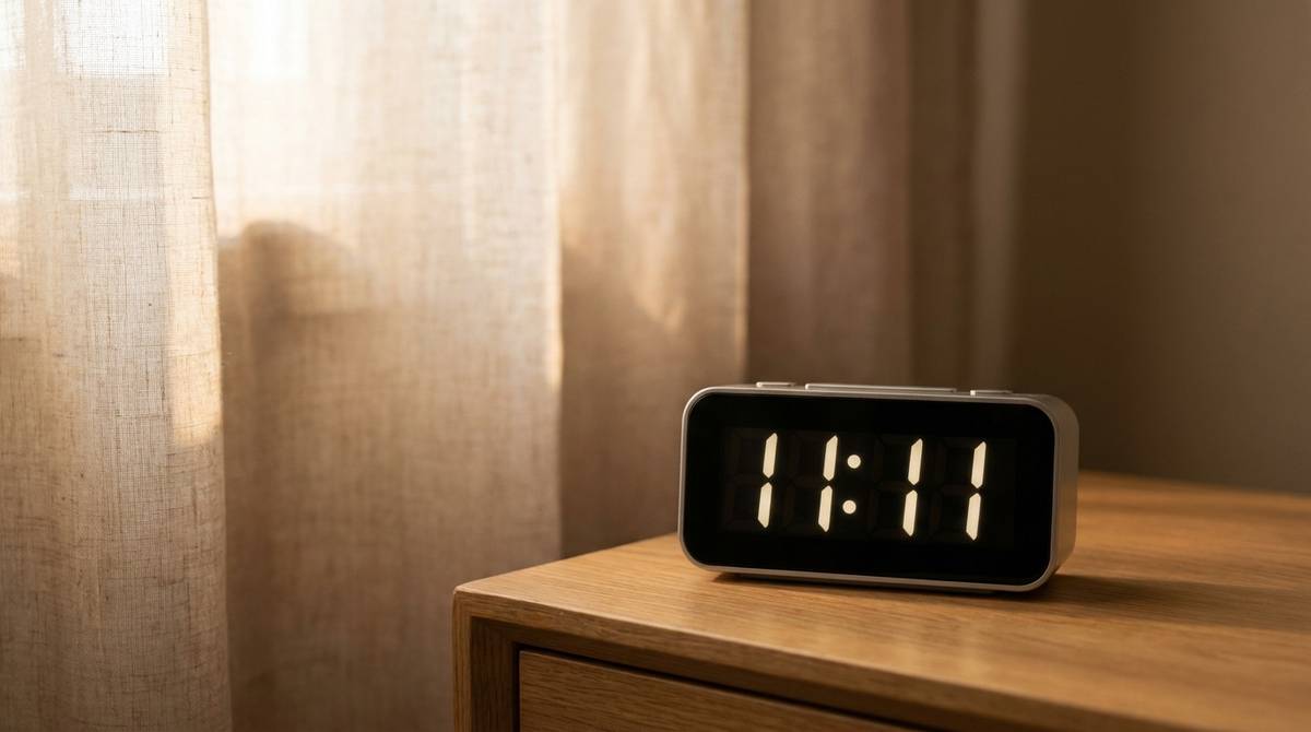 Wyświetlacz cyfrowego budzika pokazujący 11:11 w porannym świetle sypialni
