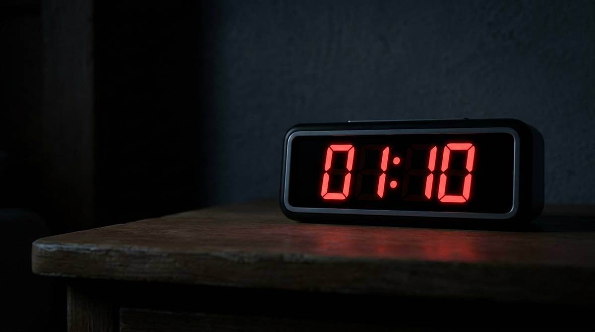 Wyświetlacz cyfrowy budzika pokazujący 01:10 w ciemnym pokoju nocą