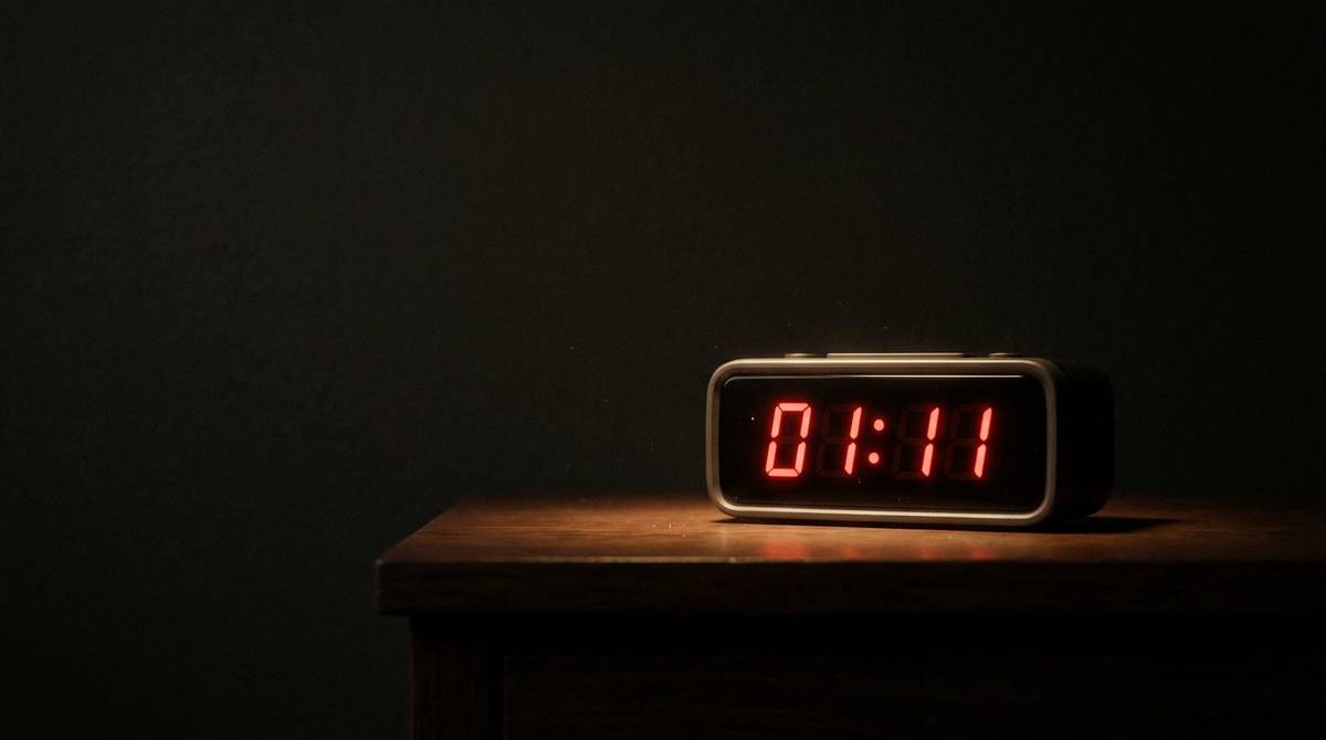 Wyświetlacz cyfrowego zegara pokazujący 01:11 w ciemnym pomieszczeniu nocą