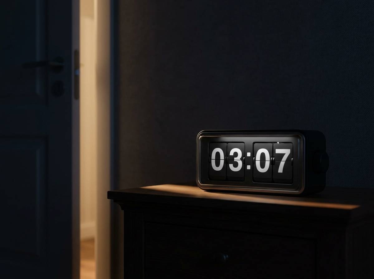 Mechaniczny zegar z cyframi 03:07 na nocnym stoliku w ciemnej sypialni