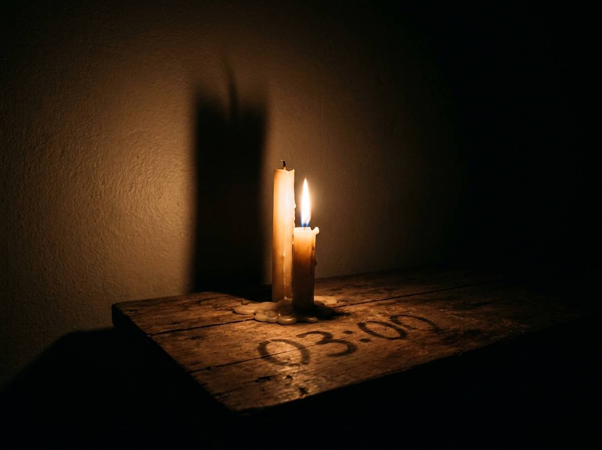 Dopalająca się świeca w ciemnym pomieszczeniu nocą, jedyne źródło światła w mroku