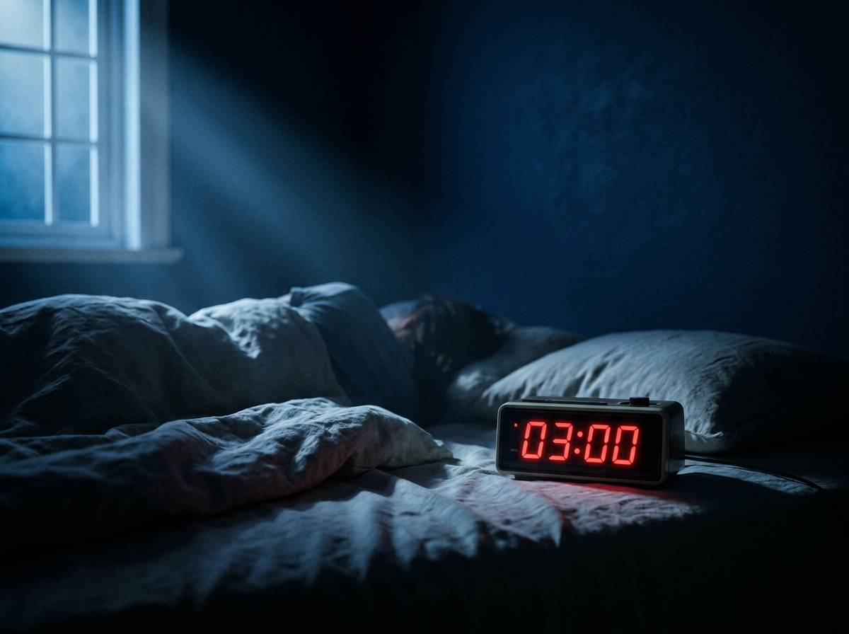 Ciemna sypialnia w środku nocy, niebieskawe światło księżyca padające na pościel, nastrój najgłębszego momentu nocy