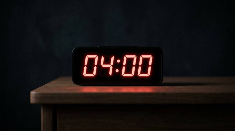 Wyświetlacz cyfrowego zegara pokazujący 04:00 w ciemnym pomieszczeniu nocą
