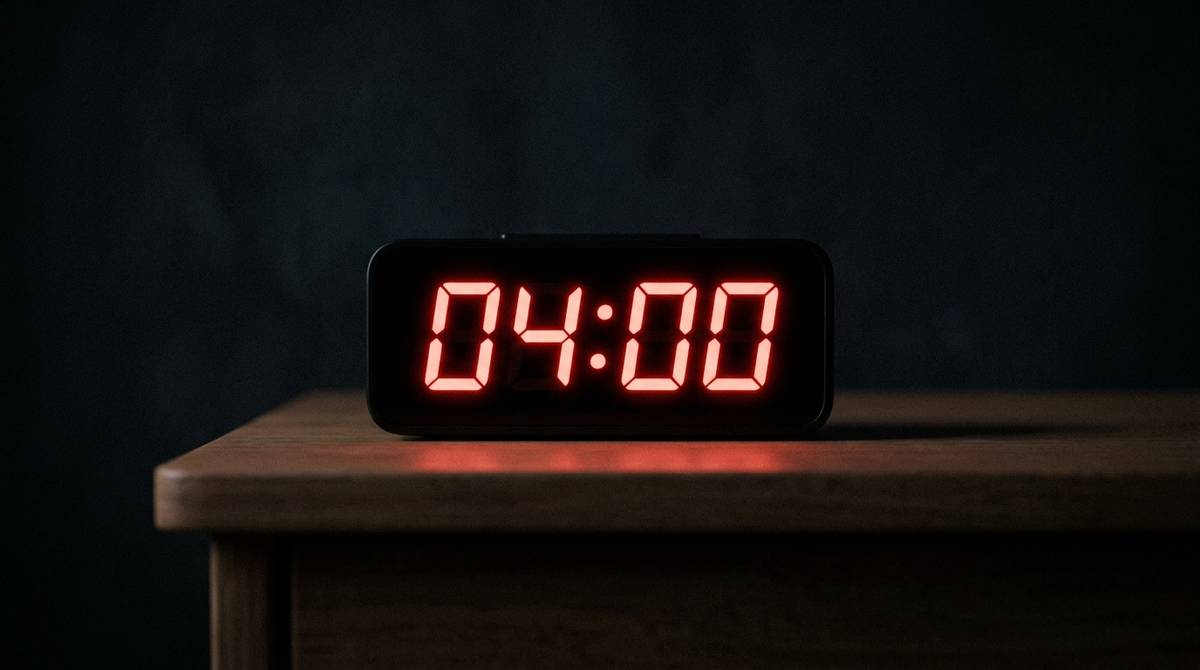 Wyświetlacz cyfrowego zegara pokazujący 04:00 w ciemnym pomieszczeniu nocą