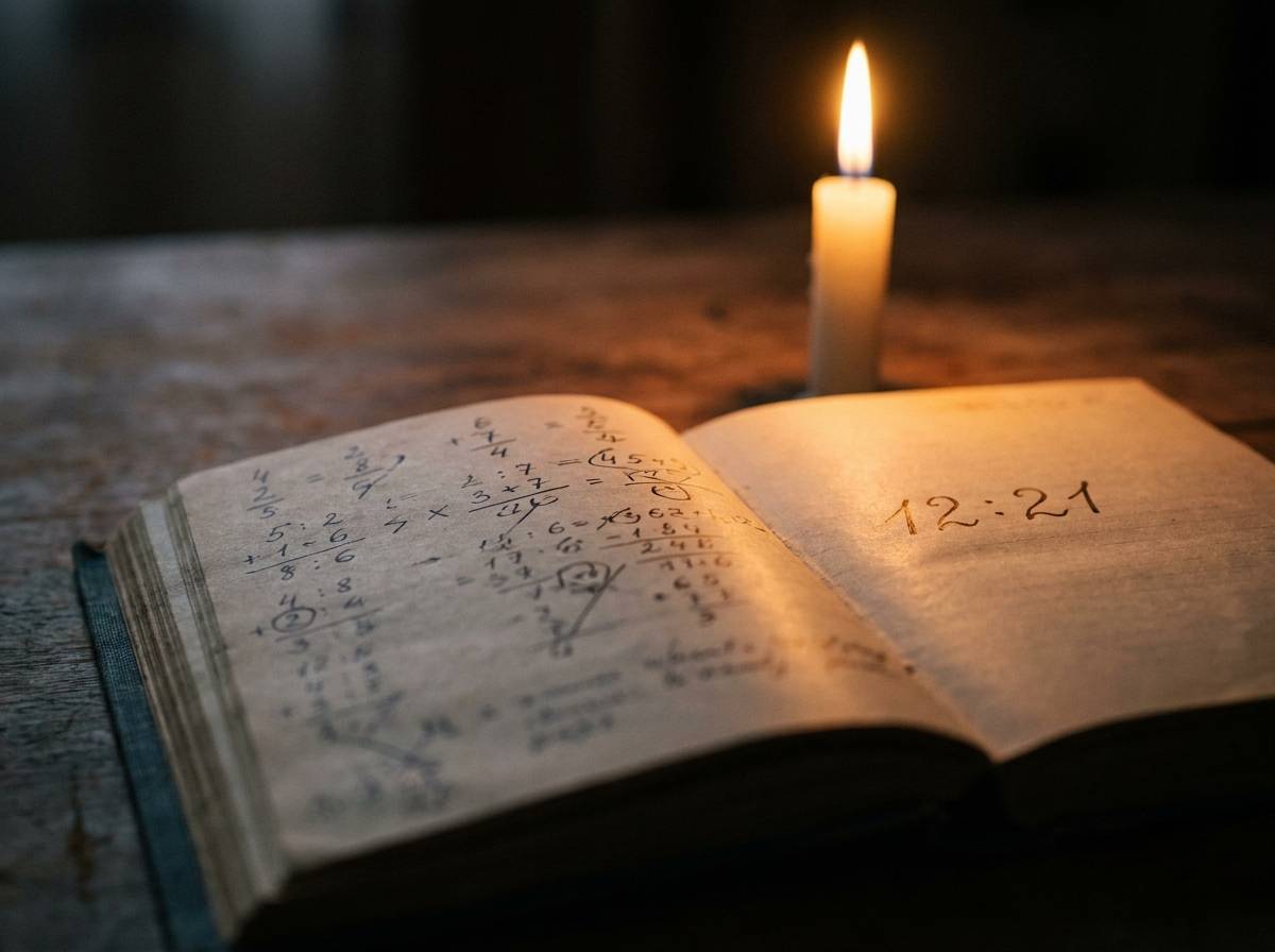 Otwarty stary notatnik z odręcznymi notatkami numerologicznymi przy świetle świecy o zmierzchu
