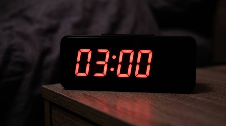 Wyświetlacz cyfrowego zegara pokazujący 03:00 w ciemnym pomieszczeniu nocą
