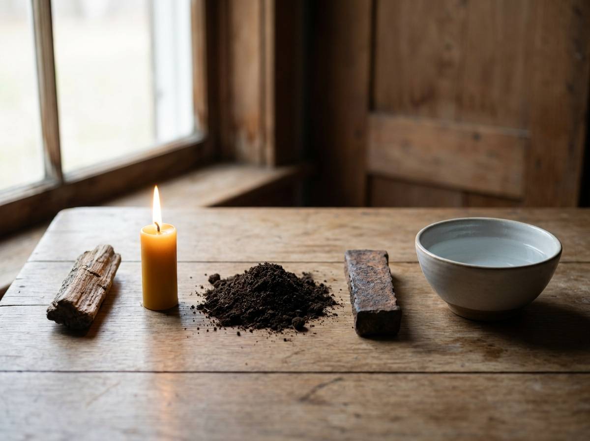 Pięć naturalnych materiałów - drewno, ogień, ziemia, metal i woda - ułożonych w rzędzie na drewnianym stole