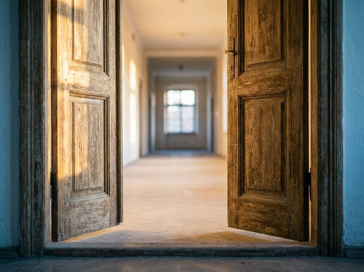 Otwarte drzwi prowadzące w jasny korytarz o świcie, symbol zamknięcia etapu i nowego początku